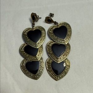 Gold-Tone Triple Heart Drop Earrings with Black Inset - Women Jewelry Vintage